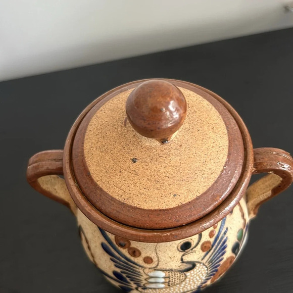 Tonala Mexican  Pottery Folk Art With Lid Double Handle Floral Bird Design - Picture 14 of 14